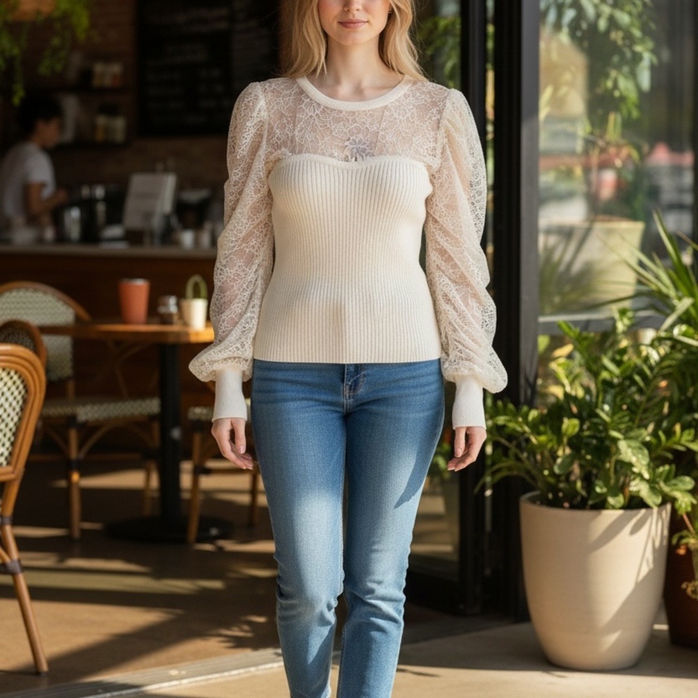 Express Cream Lace Puff Sleeve Blouse SZ XL